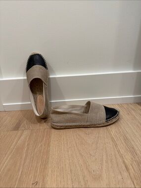 JCrew Beige Canvas Espadrilles with Black leather Cap Toe
